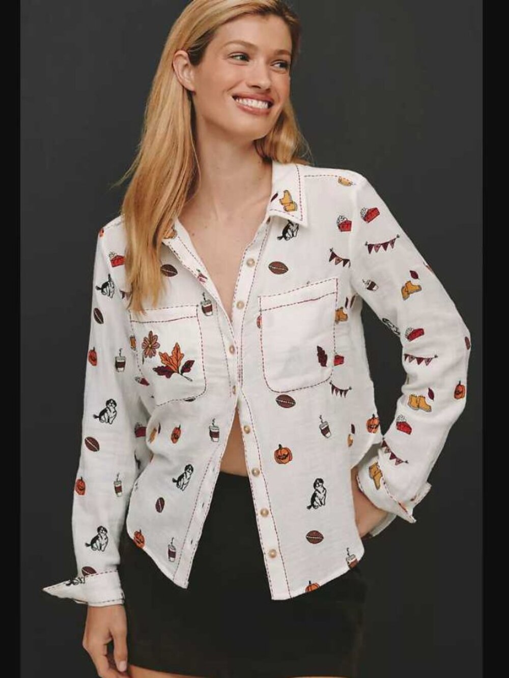 New XS Anthropologie x Pilcro Fall icon embroidered buttondown shirt pumpkins